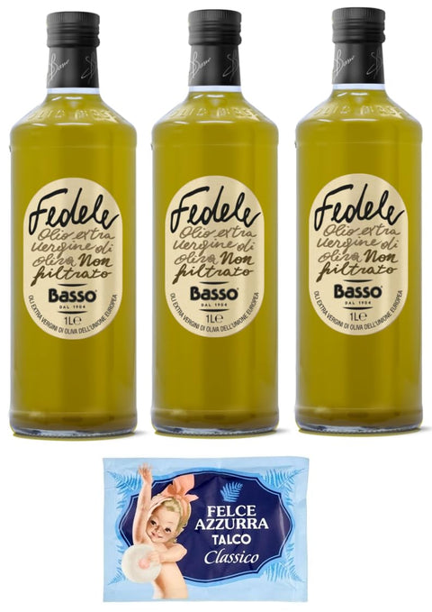 Basso Fedele Lot De 3 Bouteilles D'huile D'olive Vierge Non Filtrée Extra Vergine Di Oliva Non Filtrato 1 L + 1 Sachet De Talc Felce Azzurra 100 G