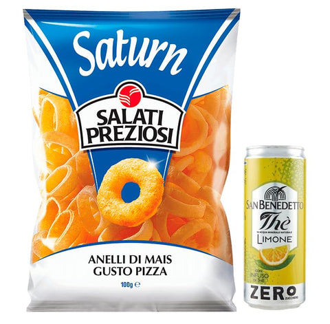 Salati Preziosi Anelli Lot De 20 Chips De Maïs Pour Pizza, Chips De 100 G + 1 Sachet De Thé Glacé San Benedetto Au Citron Sans Sucre 330 Ml
