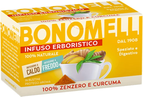 Bonomelli Infusi Erboristici Zenzero E Curcuma Infusion Au Gingembre Et Au Curcuma Boîte De 16 Filtres Ingrédients 100 % Naturels
