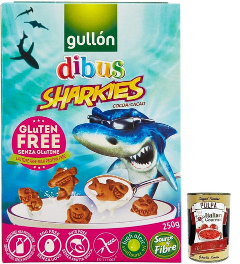 Gullón Gluten Free Sharkies Dibus Biscuits Pour Enfants Sans Gluten 250 G + Boîte De 400 G