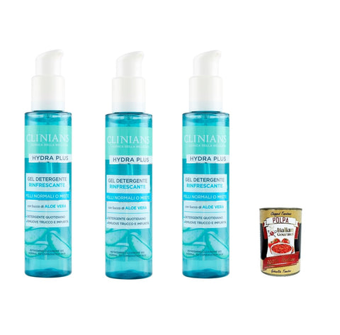 Clinians Gel Detergente Rinfrescante Hydra Plus, Per Pelli Normali O Miste, Gel Nettoyant Rafraîchissant Visage 150 Ml, 3 X 150 Ml + Polpa Italian Gourmet 400 G