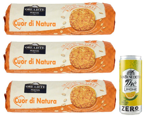Ore Liete Cuor Di Natura Biscotti Con Cereali Lot De 3 Biscuits Avec Céréales, Farine De Grains Entiers Et Sans Sucre Ajouté, 250 G + 1 Boîte De Thé Glacé San Benedetto Au Citron Sans Sucre 330 Ml