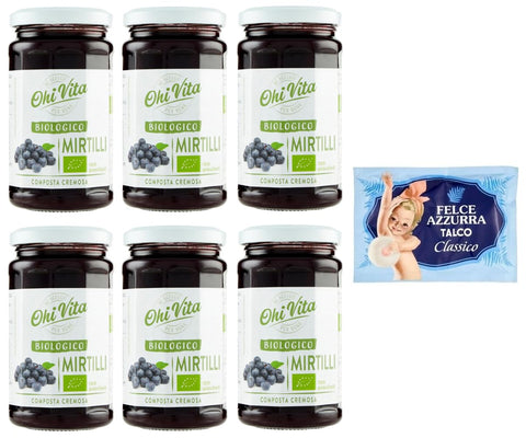 Ohi Vita Mirtilli Lot De 6 Pots De Confiture Onctueuse De Myrtille 250 G + 1 Sachet De Talc Felce Azzurra 100 G