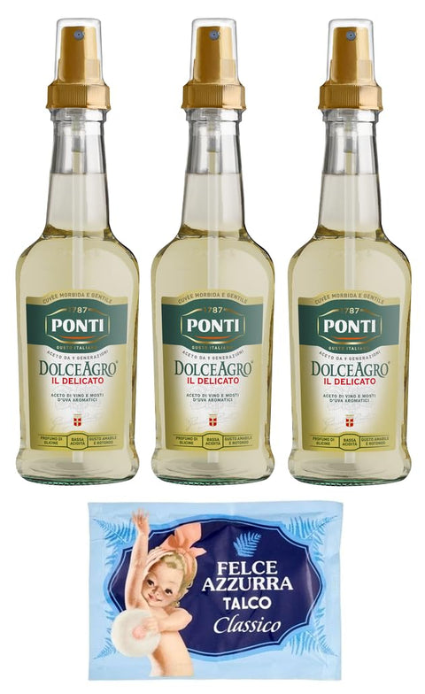 Ponti Lot De 3 Flacons De Vinaigre Dolceagro Il Delicato En Spray Vinaigre De Vin Et Moût De Raisins Aromatique 250 Ml + 1 Sachet De Talc Felce Azzurra 100 G