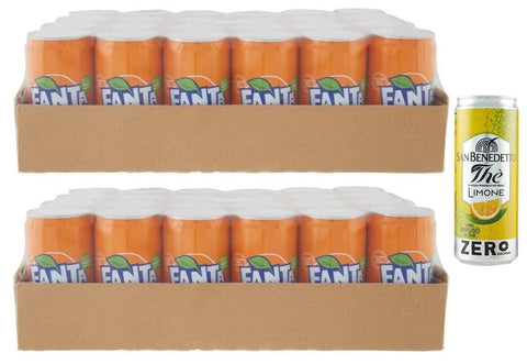 Fanta Original Lot De 48 Boissons Rafraîchissantes Sans Alcool Avec Jus D'orange, Boîte Jetable 250 Ml + 1 Boîte De Thé Glacé San Benedetto Au Citron Sans Sucre 330 Ml