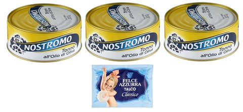Nostromo Tonno All'olio Di Oliva Lot De 3 Thons À L'huile D'olive, Boîte De 300 G + 1 Sachet De Talc Felce Azzurra Gratuit, Sachet De 100 G