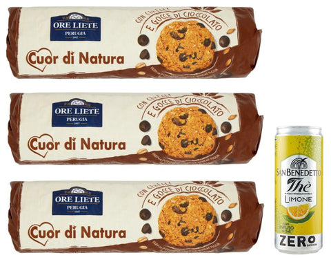 Ore Liete Cuor Di Natura Biscotti Lot De 3 Biscuits Avec Céréales Et Gouttes De Chocolat, Avec Farine De Grains Entiers Et Sans Sucre Ajouté, 250 G + 1 Sachet De Thé Glacé San Benedetto Au Citron Sans