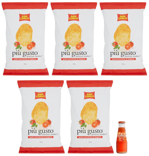 San Carlo Più Gusto Pomodorini Di Stagione Patatine Lot De 5 Chips Goût Tomate Chips 150 G + 1 Gingerino Recoaro Aperitivo Italiano 10 Cl