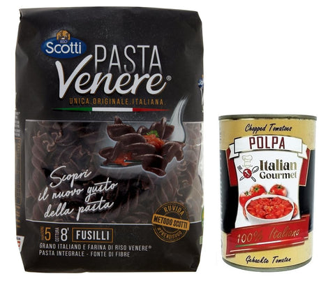 Riso Scotti Pasta Venere Fusilli Pâtes À Base De Semoule De Blé Dur Et De Farine De Riz Complète Venere Noire, Lot De 400 G + Italian Gourmet Polpa Di Pomodoro Boîte De 400 G