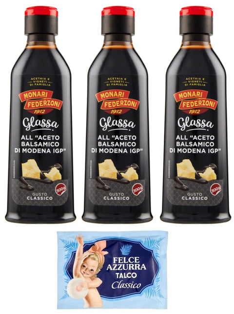Monari Federzoni Glassa All'aceto Balsamico Di Modena Lot De 3 Crèmes Glacées Au Vinaigre Balsamique De Modène I.G.P. 300 G + 1 Sachet De Talc Felce Azzurra Gratuit 100 G