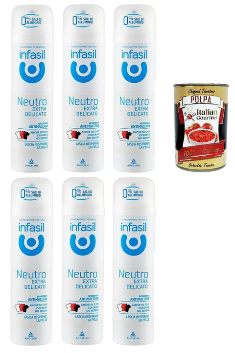 Infasil Déodorant Neutre Extra Doux Formule Anti-Taches Sans Sels D'aluminium Efficace Jusqu'à 24 Heures 6 X 150 Ml + Italian Gourmet Polpa 400 G
