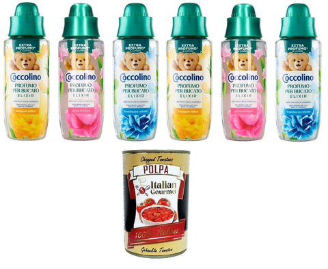 Coccolino Profumatore Bucato Kit Test Freschezza Celeste, Prima Fioritura, Bouquet Estivo Fraîcheur Céleste, Première Floraison, Bouquet D'été 6 X 342 Ml + Polpa Italien Gourmet 400 G