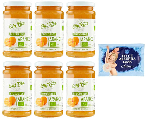 Ohi Vita - Lot De 6 Pots De Confiture Arance - Compote D'orange Crémeuse - Compote De Fruits - Verre De 250 G + 1 Sachet De Talc Felce Azzurra - Sachet De 100 G