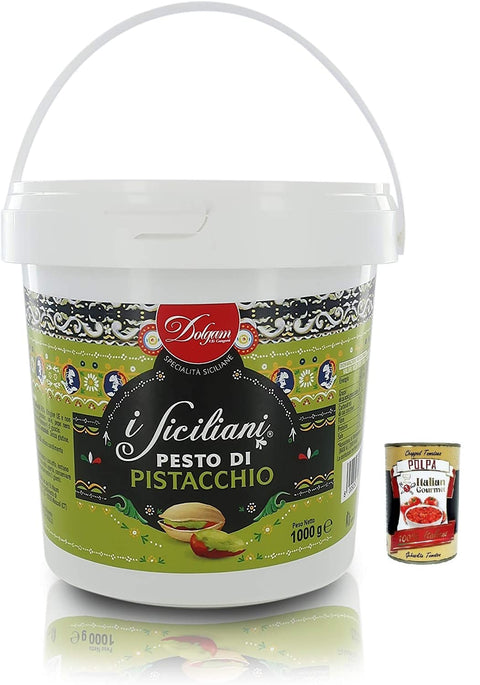 Dolgam I Siciliani Pesto Pistache Sans Gluten, Spécialités Siciliennes, Seau De 1000 G, Pistaches De Sicile Avec 65 % + Italian Gourmet Polpa Di Pomodoro Boîte De 400 G