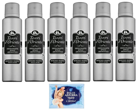 Tesori D'oriente Muschio Bianco Lot De 6 Déodorants Aromatiques En Spray Musc Blanc 150 Ml + 1 Sachet De Poudre De Talc Felce Azzurra 100 G