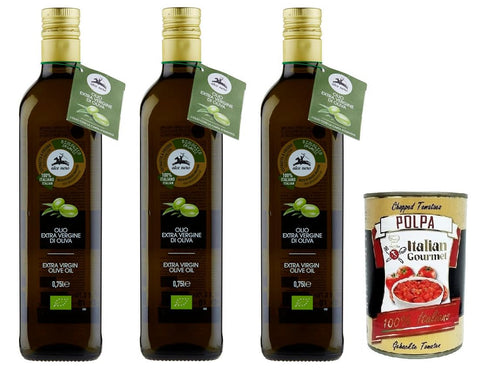 Alce Nero Olio Lot De 3 Bouteilles D'huile D'olive Extra Vierge 100 % Italienne Bio Avec Olives Italiennes Biologiques En Verre 750 Ml + 400 G Gourmet Italian Gourmet Polpa Di Pomodoro