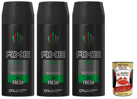 Axe Lot De 3 Déodorants En Spray Africa Original Absorbe La Transpiration Flacon De 150 Ml + Polpa Italian Gourmet 400 G