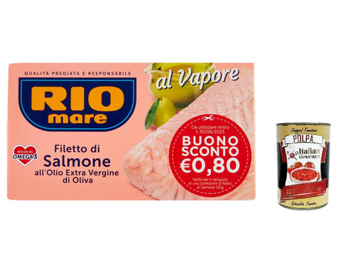 Rio Mare Lot De 12 Filets De Saumon À L'huile D'olive Extra Vierge, Cuit À La Vapeur, Riche En Oméga 3, 125 G + Polpa Italien Gourmet 400 G