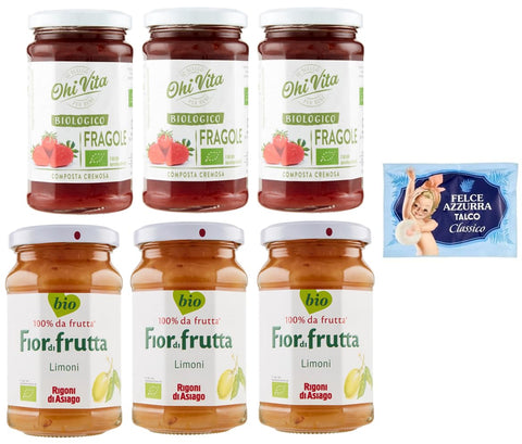 Lot De 6 Paquets De Test De Confiture Ohi Vita Fraise + Rigoni Di Asiago, Compotes De Fruits Crémeux, Pot De 250 G + 1 Sachet De Talc Felce Azzurra 100 G