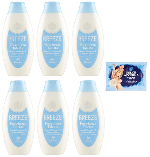 Breeze Freschezza Talcata Lot De 6 Shampooings De Douche Et Gel Douche, Parfum Talc, Nettoie Efficacement Le Corps, La Peau Et Les Cheveux 400 Ml + 1 Sachet De Talc Felce Azzurra Gratuit, Sachet De