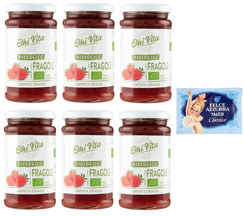 Ohi Vita Lot De 6 Pots De Confiture Fragole, Compote De Fraises Crémeuses, Compote De Fruits, Pot De 250 G + 1 Sachet De Talc Felce Azzurra Gratuit, Sachet De 100 G