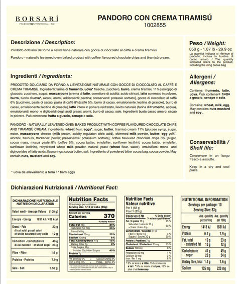 3x Borsari Pandoro Tiramisù Pandoro fourré à la crème tiramisu et aux pépites de chocolat au café, sachet de 850 g