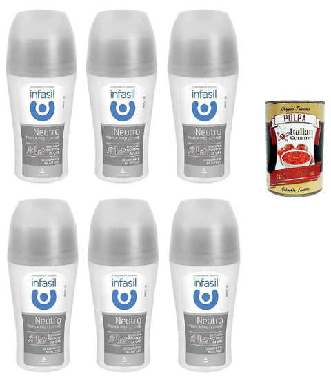 Infasil Déodorant Roll-On Neutre Triple Protection Efficace Contre La Transpiration Et Les Mauvaises Odeurs, Sans Alcool, Déodorant Roll-On 6 X 50 Ml + Italian Gourmet Polpa 400 G