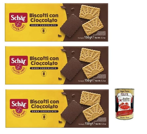 Dr. Schär Biscotti Senza Glutine Con Cioccolato Lot De 3 Biscuits Sans Gluten Au Chocolat Noir 150 G + Boîte De 400 G
