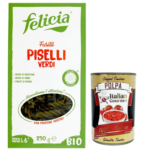 Felicia Fusilli Di Piselli Verdi Pâtes Aux Pois 100 % Verts Issus D'une Chaîne D'approvisionnement Italienne, Bio Et Naturel, Sans Gluten, Paquet De 250 G + Boîte Italienne Gourmet Polpa Di Pomodoro