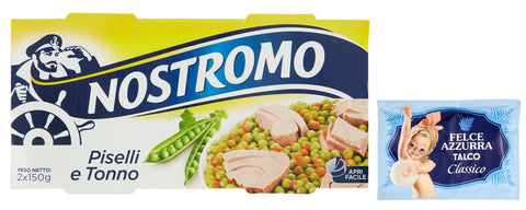 Nostromo Tonno E Piselli Lot De 5 Plats Préparés Au Thon Et Aux Petits Pois, 2 X 150 G + 1 Paquet De Poudre De Talc Felce Azzurra Gratuite, Sachet De 100 G