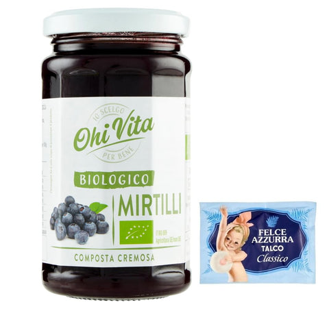 Ohi Vita Mirtilli Lot De 12 Pots De Confiture Onctueuse, Compote De Fruits 250 G + 1 Sachet De Talc Felce Azzurra 100 G