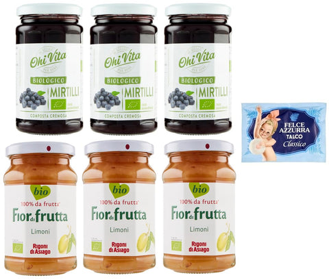 Lot De 6 Paquets De Test De Confiture Ohi Vita Myrtille + Rigoni Di Asiago, Compote De Fruits Crémeux, Pot De 250 G + 1 Sachet De Talc Felce Azzurra 100 G