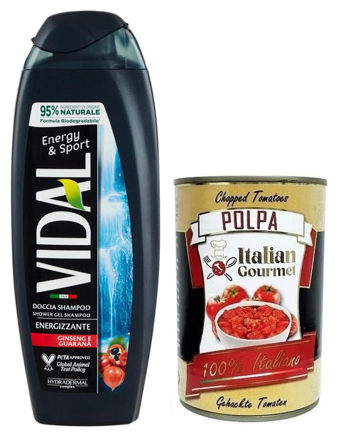 Vidal Energy & Sport Doccia Shampooing Douche Avec Ginseng Et Guarana 250 Ml + Polpa Di Pomodoro 400 G