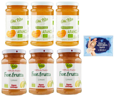 Lot De 6 Paquets De Test De Confiture Ohi Vita Oranges + Rigoni Di Asiago, Compote De Fruits Crémeux, Pot De 250 G + 1 Sachet De Talc Felce Azzurra 100 G