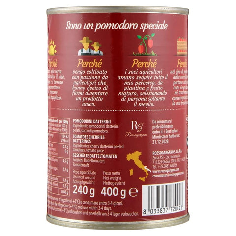 Rosso Gargano pomodori Datterini Pelati di Puglia, Tomates Datterini pelées 100 % italiennes en conserve, idéales pour les pizzas, les pâtes, les sauces et la cuisine méditerranéenne, 24 boîtes de 400 g