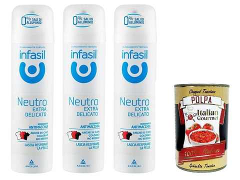 Infasil Déodorant En Spray Neutre Extra Doux Formule Anti-Taches Sans Sels D'aluminium Efficace Jusqu'à 24 Heures 3 X 150 Ml + Italian Gourmet Polpa 400 G