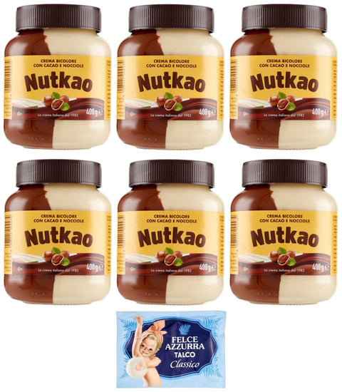 Nutkao Crema Bicolore Cacao Nocciole E Vaniglia Lot De 6 Pots De Crème À Tartiner Au Cacao Aux Noisettes Et À La Vanille 400 G + 1 Sachet De Talc Felce Azzurra Gratuit 100 G