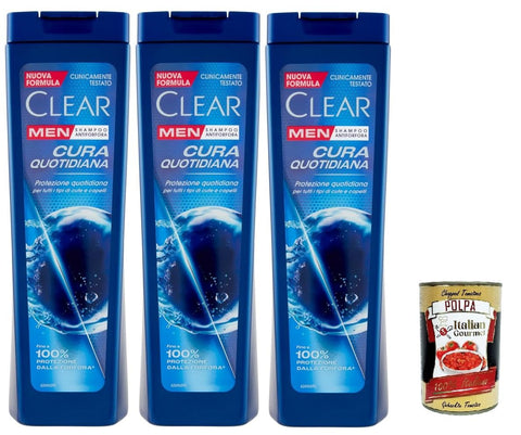 Clear Cura Quotidiana Men Shampooing Pour Tous Les Types De Cheveux Et De Cuir Chevelu – Shampooing De Soin Quotidien 3 X 225 Ml + Italian Gourmet Polpa 400 G