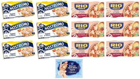 Rio Mare Lot De 12 Sachets De Test Pour Thon Et Oignons + Thon Et Haricots Nostromo 2 X 150 G + 1 Sachet De Talc Felce Azzurra 100 G