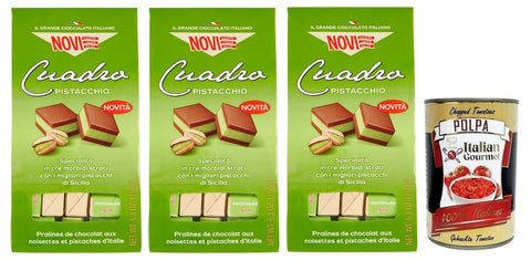 3 X Novi Cuadro Pistacchio, Deux Couches De Chocolat Gianduja À La Crème À La Pistache, Chocolats Pistaches, Sachet De 150 G + Boîte Polpa Di Pomodoro De 400 G