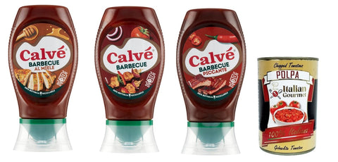 Calvé Salsa Lot De 3 Boîtes De Sauce Barbecue Au Miel, Piccante Et Classic 3 X 250 Ml + Polpa Gourmet Italienne 400 G