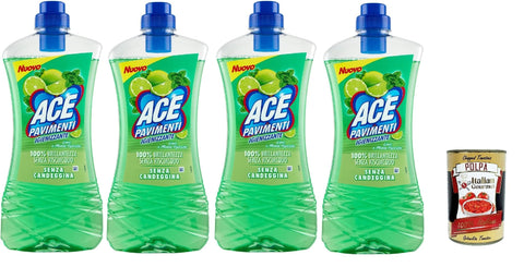 Ace Pavimenti Nettoyant Pour Sol Hygiène – Citron Vert Et Menthe Poivrée, Sans Eau De Javel, Nettoie En Profondeur Et Fait Briller Les Sols 4 X 1 L + Italian Gourmet Polpa 400 G
