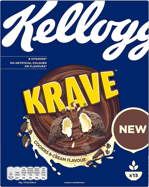 3x Kellogg's Krave Cookies & Cream Flavour Céréales Cacao Croustillantes Remplies De Crème