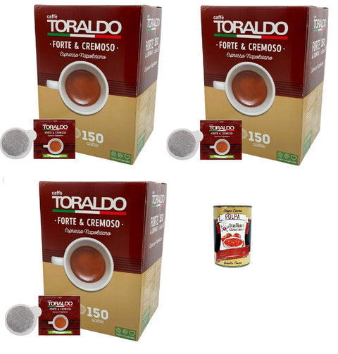 Cialde Caffè Toraldo Miscela Forte E Cremoso, Ese 44 Mm, Cialde Ese 44mm, 3x Box Lot De 150 Dosettes De Café + Italian Gourmet Polpa 400g