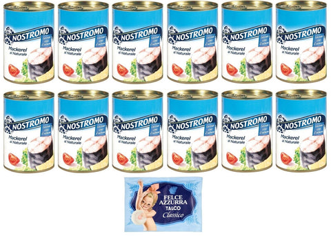 Nostromo Mackerel Al Naturale Lot De 12 Filets De Maquereau Naturel Boîte De 425 G + 1 Sachet De Poudre De Talc Felce Azzurra 100 G