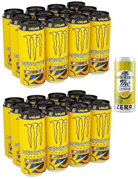 Monster The Doctor Lot De 24 Boissons Énergisantes Rafraîchissantes Sans Alcool Au Goût D'agrumes, Boîte Jetable De 355 Ml + 1 Boîte De Thé Glacé San Benedetto Au Citron Sans Sucre, 330 Ml