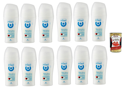 Infasil Lot De 12 Déodorants Roll-On Neutre, Extra Doux, Sans Sels D'aluminium, Protection Anti-Taches, 12 X 50 Ml + Italian Gourmet Polpa 400 G