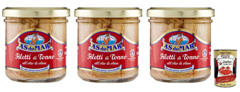 As Do Mar Filetti Di Tonno All'olio Di Olio Di Olio Di Oliva Lot De 3 Filets De Thon À L'huile D'olive, Verre De 150 G + Boîte Italienne Gourmet Polpa Di Pomodoro 400 G