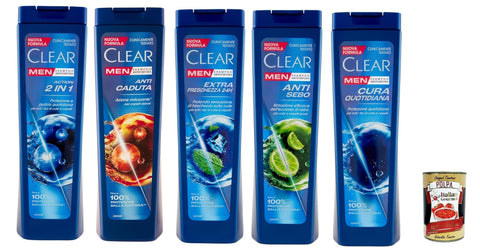 Clear Testpaket, Shampoing Pour Homme Pour Tous Les Types De Cheveux Et De Cuir Chevelu – Shampoing Pelliculaire 5 X 225 Ml + Polpa Italian Gourmet 400 G