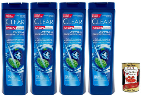 Clear Extra Freschezza 24h Shampooing Pour Homme Pour Tous Les Types De Cheveux Et De Cuir Chevelu – Shampooing Extra Frais 4 X 225 Ml + Italian Gourmet Polpa 400 G